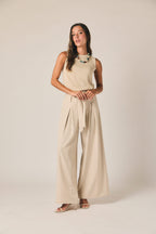 Pantalón ancho lazo rayas beige