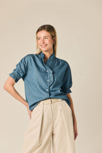 Camisa chambray manga corta volantes azul