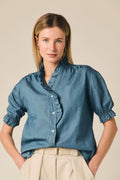 Camisa chambray manga corta volantes azul