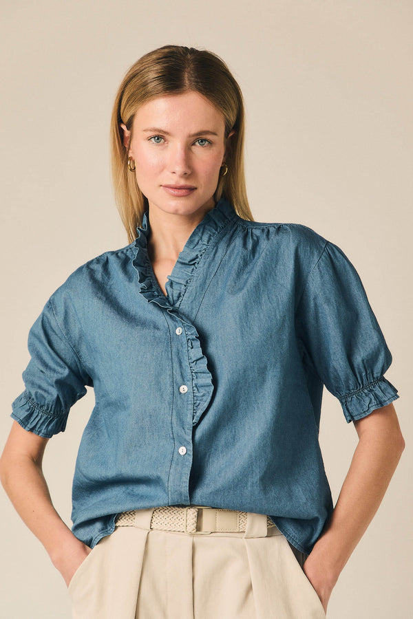 Camisa chambray manga corta volantes azul