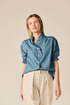 Camisa chambray manga corta volantes azul