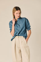 Camisa chambray manga corta volantes azul