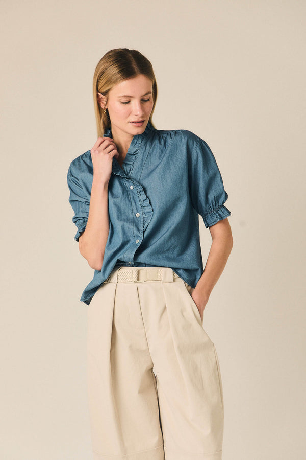 Camisa chambray manga corta volantes azul