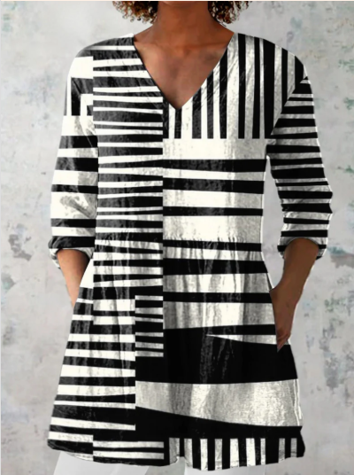 Blusa Larga Sophie con Cuello en V - Estampado a Rayas Blanco y Negro