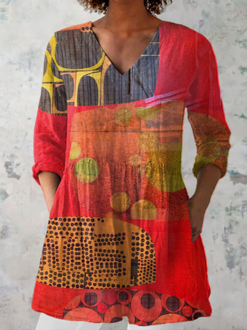 Blusa Larga Lucie con Escote en V - Estampado Étnico Color Rojo