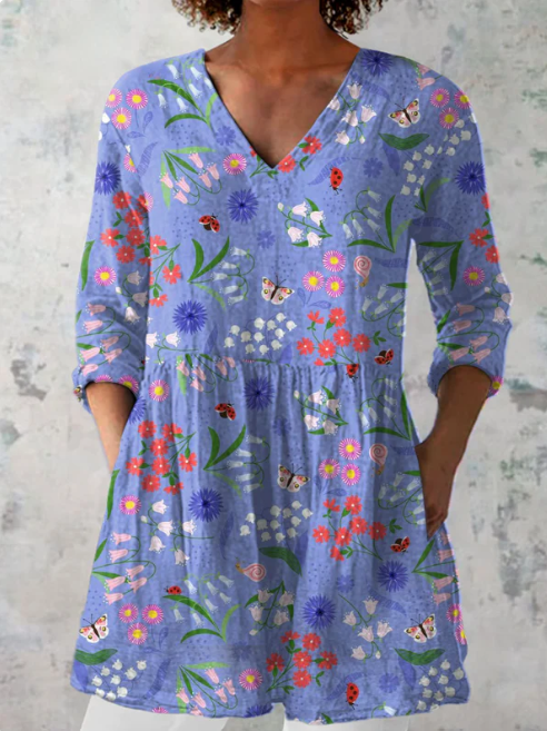 Blusa Larga de Corte A con Escote en V - Estampado Floral Color Morado
